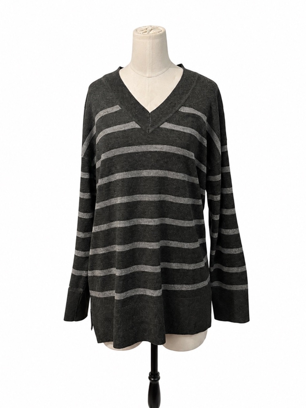 LOFT Gray Striped V Neck Oversized Tunic Sweater Size M